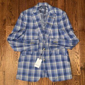 NWT Robert Graham Taroom Blazer Men's 40 Linen Silk Wool Blue White Plaid